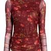 Falling Poppies Shirred Mesh Turtleneck