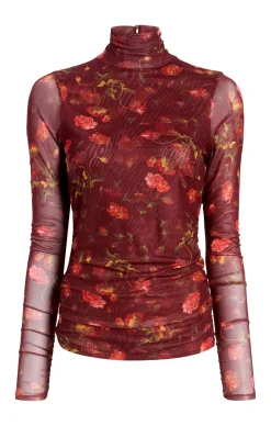 Falling Poppies Shirred Mesh Turtleneck