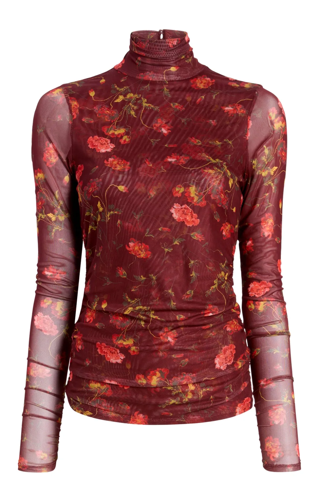 Falling Poppies Shirred Mesh Turtleneck