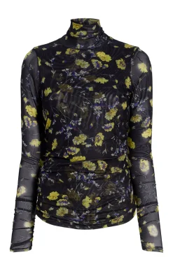 Falling Poppies Shirred Mesh Turtleneck