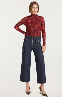 Falling Poppies Shirred Mesh Turtleneck