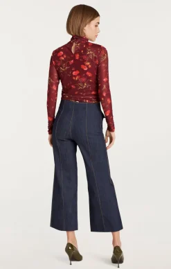Falling Poppies Shirred Mesh Turtleneck