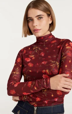 Falling Poppies Shirred Mesh Turtleneck