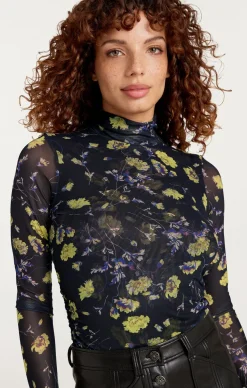 Falling Poppies Shirred Mesh Turtleneck